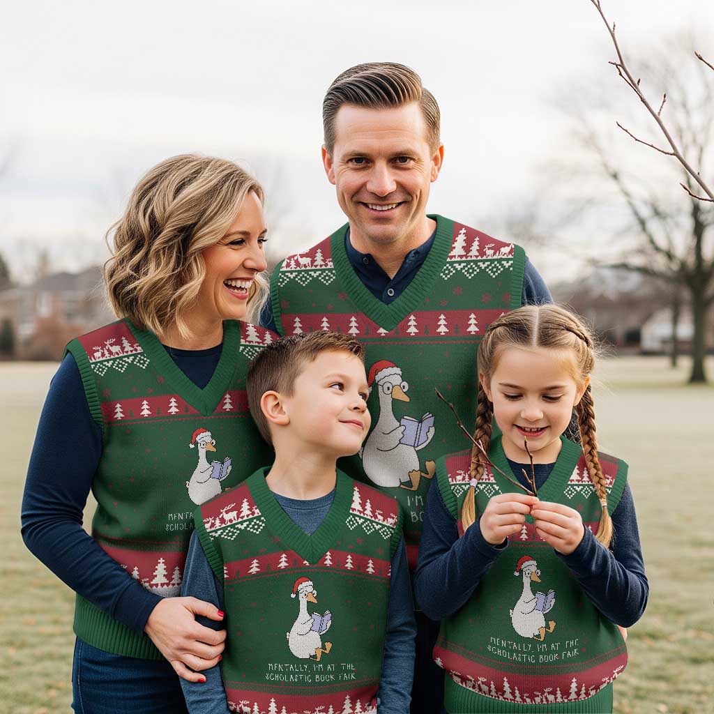 Silly Goose Bookish Xmas V-Neck Knit Sweater Vest Mentally I Am At The Scholastic Book Fair - Wonder Print Shop