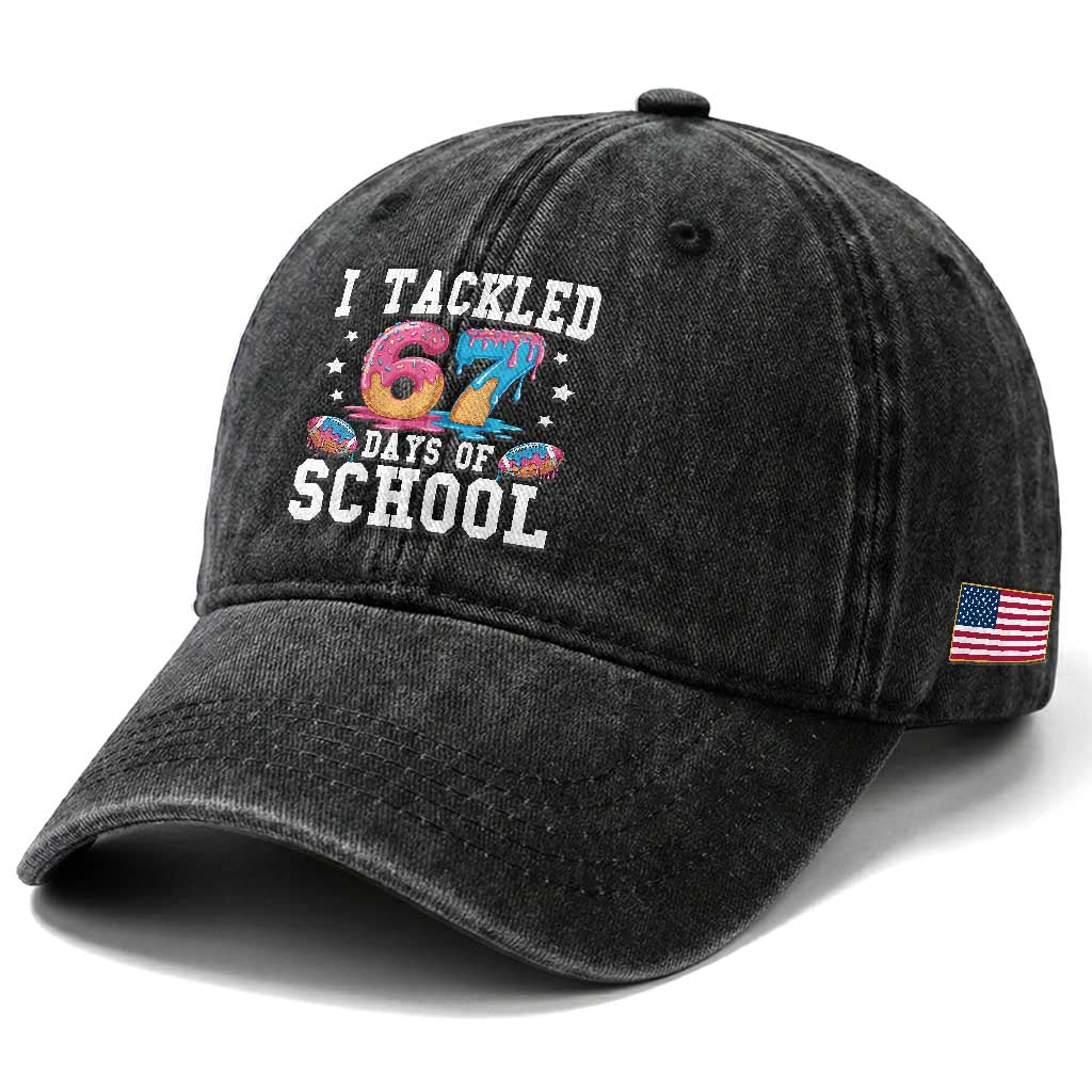 67 Days Of School Washed Cotton Baseball Cap Six Seven Sports American Football Ice Cream Drip