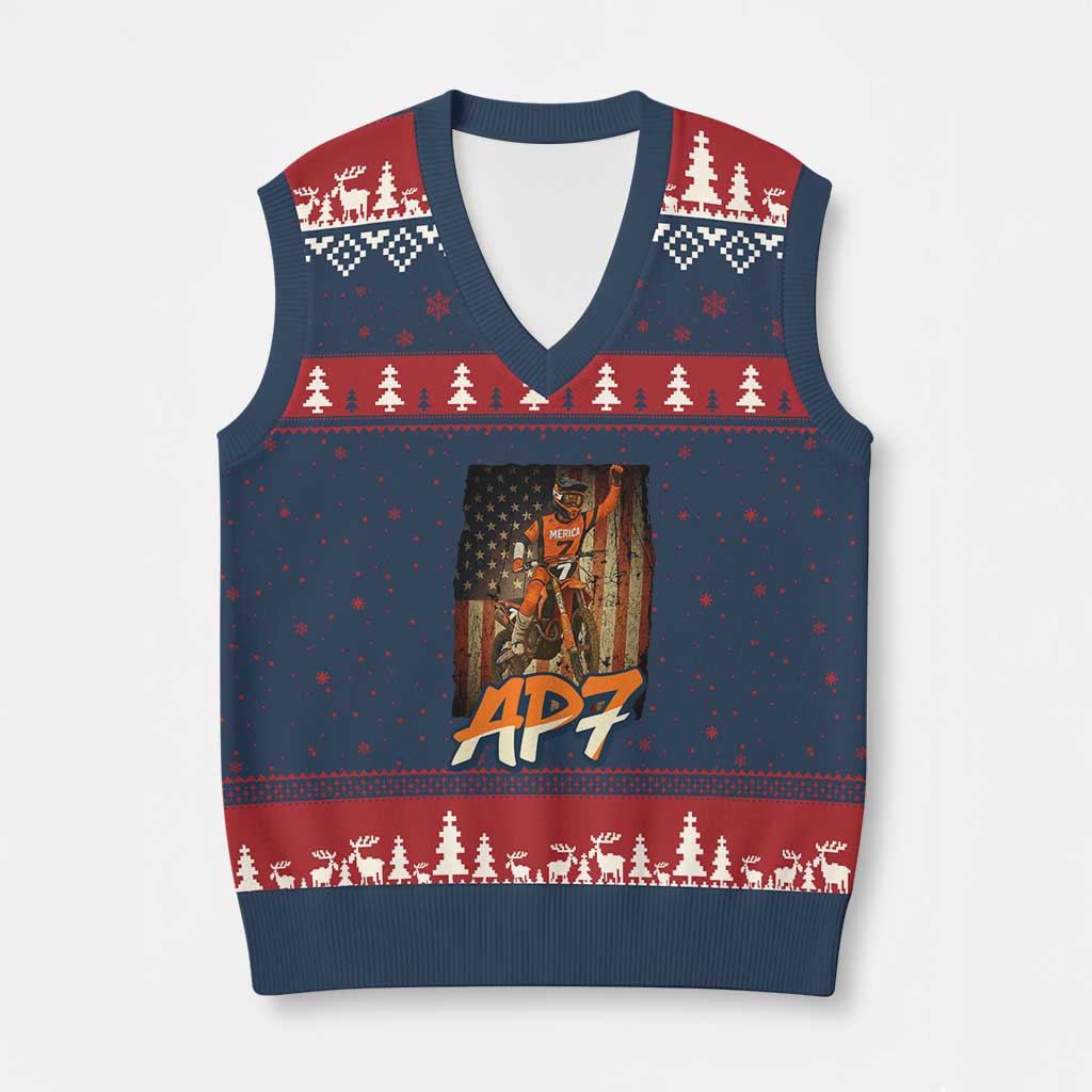 Dirt Bike American Flag V-Neck Knit Sweater Vest - Wonder Print Shop