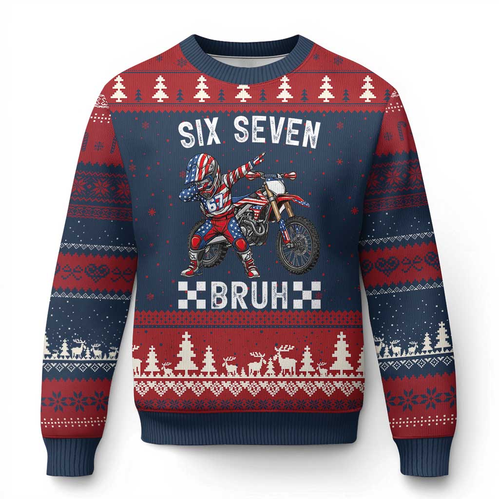 67 Bruh Meme Ugly Christmas Sweater Funny Six Seven Dirt Bike Patriotic American Flag - Wonder Print Shop