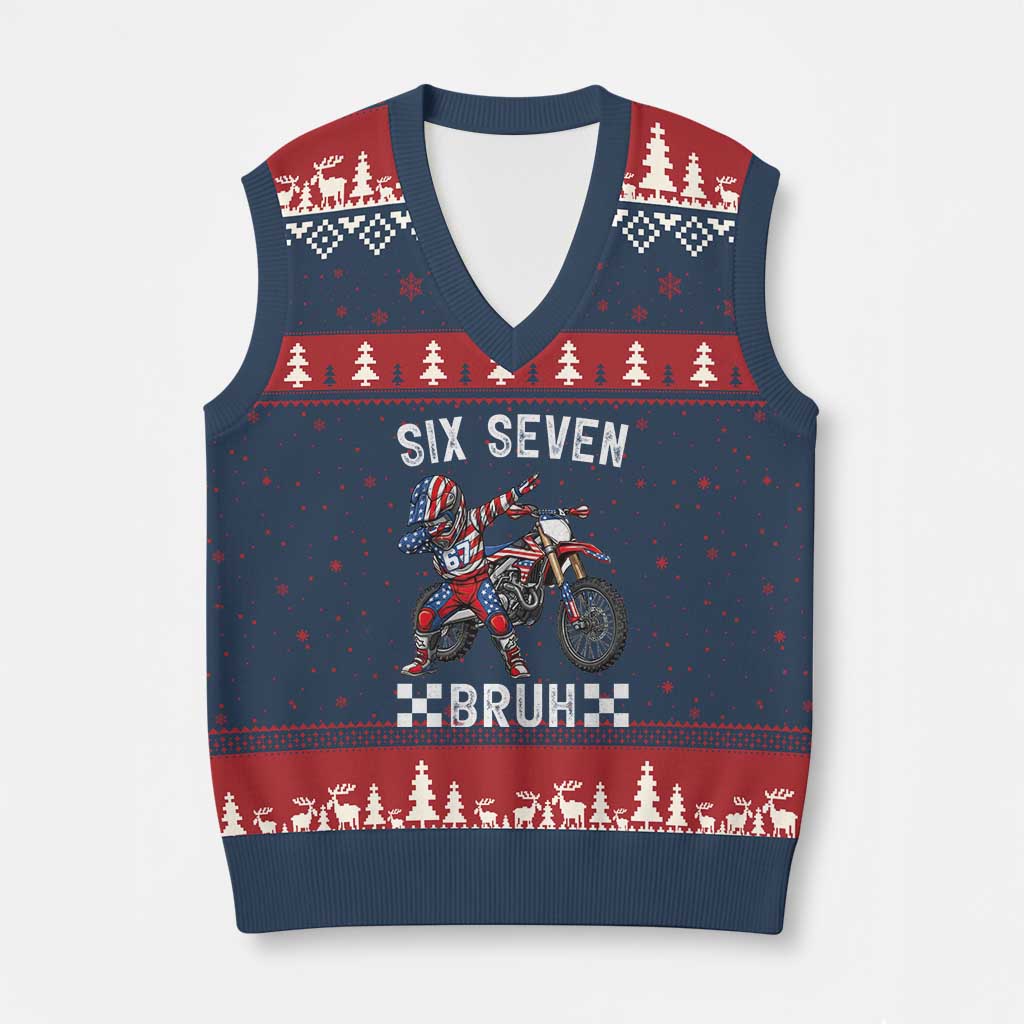 67 Bruh Meme V-Neck Knit Sweater Vest Funny Six Seven Dirt Bike Patriotic American Flag - Wonder Print Shop