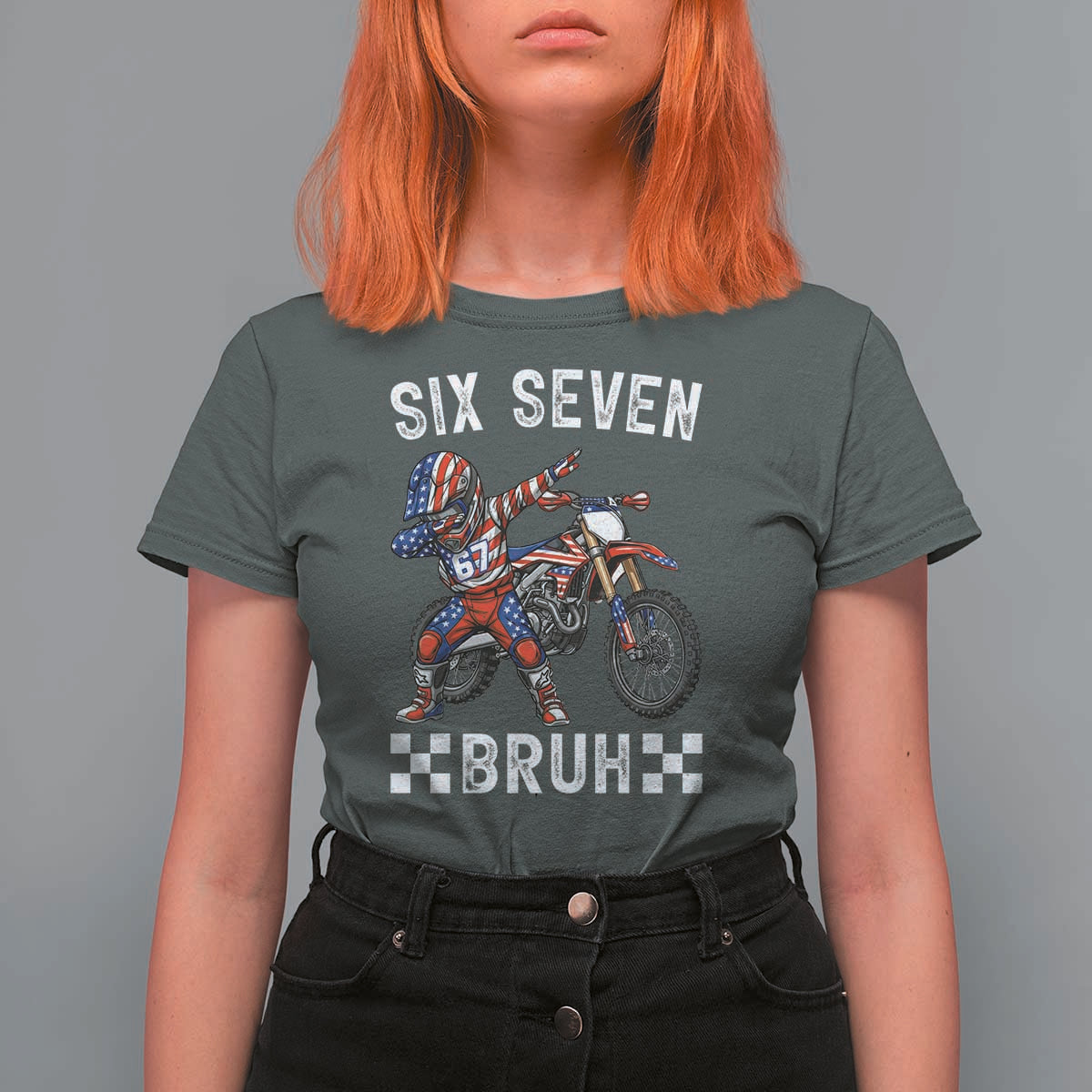 67 Bruh Meme T Shirt For Women Funny Six Seven Dirt Bike Patriotic American Flag - Wonder Print Shop