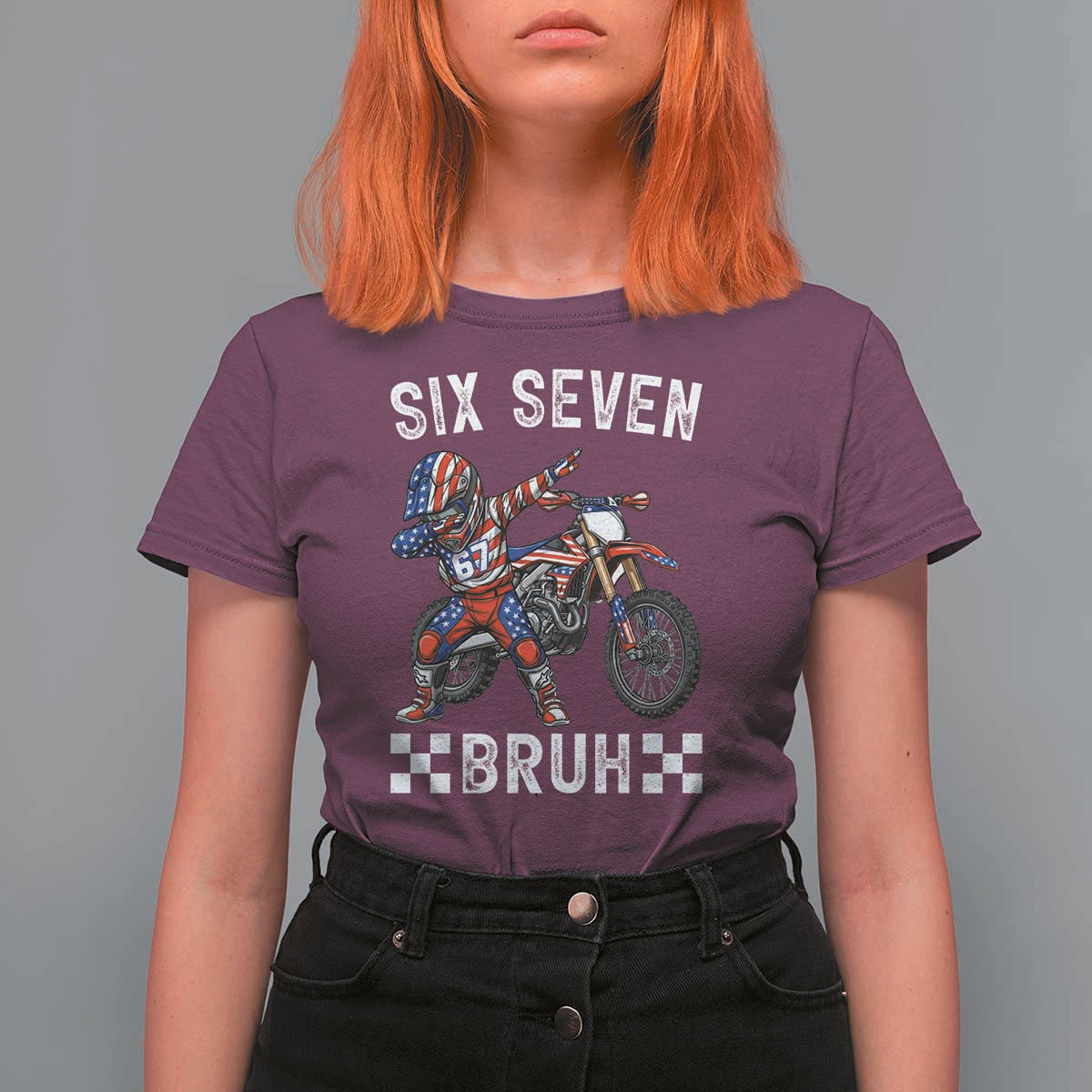 67 Bruh Meme T Shirt For Women Funny Six Seven Dirt Bike Patriotic American Flag - Wonder Print Shop