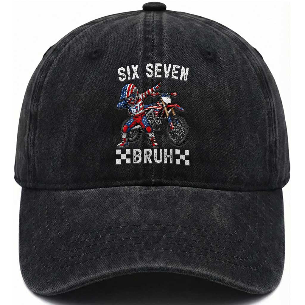 67 Bruh Meme Washed Cotton Baseball Cap Funny Six Seven Dirt Bike Patriotic American Flag