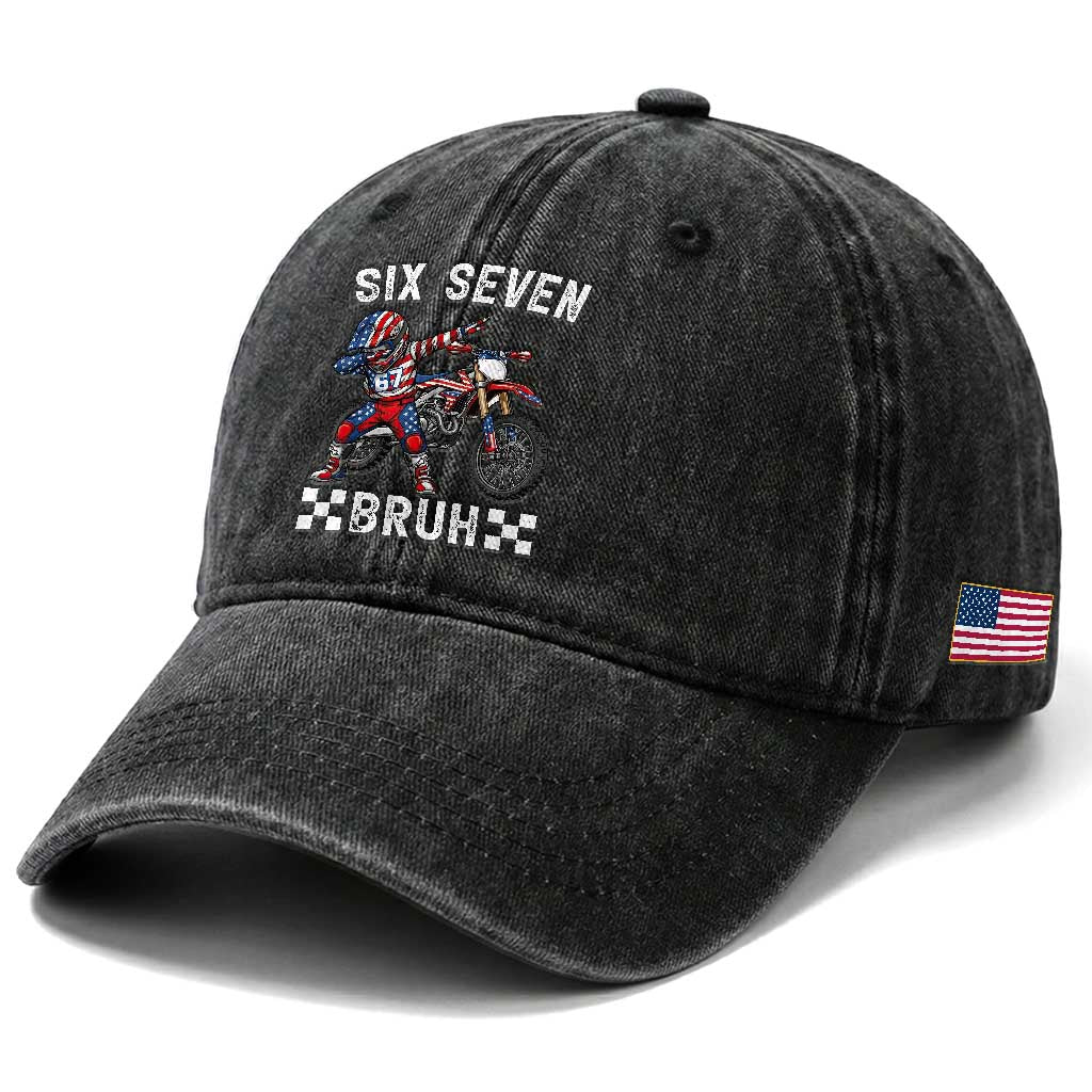 67 Bruh Meme Washed Cotton Baseball Cap Funny Six Seven Dirt Bike Patriotic American Flag