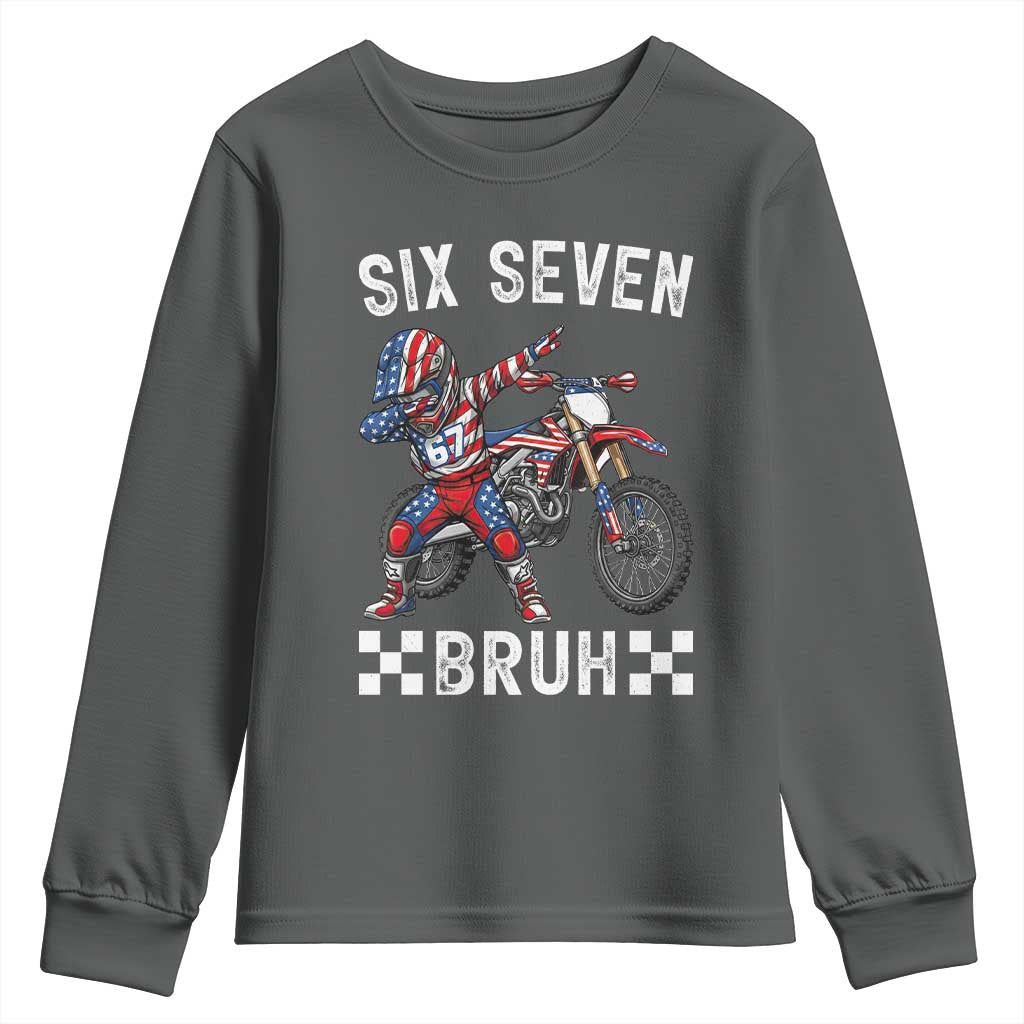 67 Bruh Meme Youth Sweatshirt Funny Six Seven Dirt Bike Patriotic American Flag - Wonder Print Shop