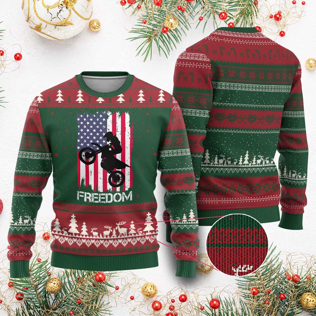 Freedom Motocross Dirt Bike Ugly Christmas Sweater Patriotic American Flag - Wonder Print Shop