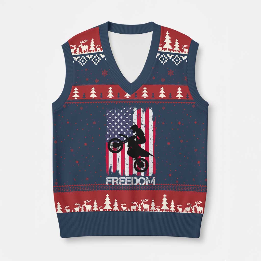 Freedom Motocross Dirt Bike V-Neck Knit Sweater Vest Patriotic American Flag - Wonder Print Shop