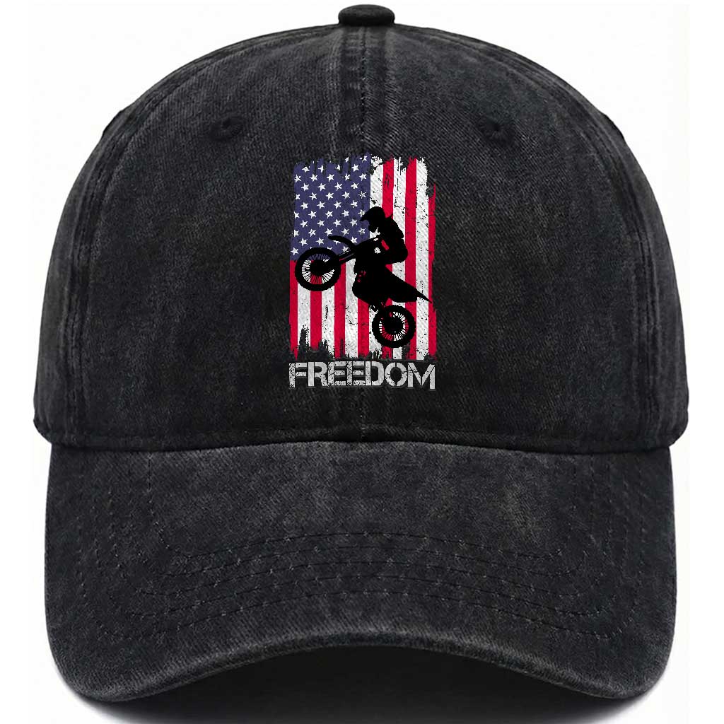 Freedom Motocross Dirt Bike Washed Cotton Baseball Cap Patriotic American Flag