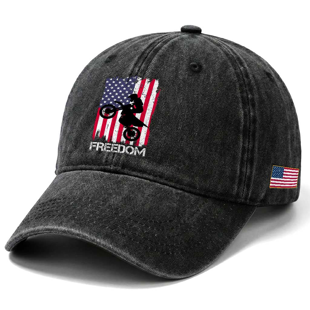 Freedom Motocross Dirt Bike Washed Cotton Baseball Cap Patriotic American Flag