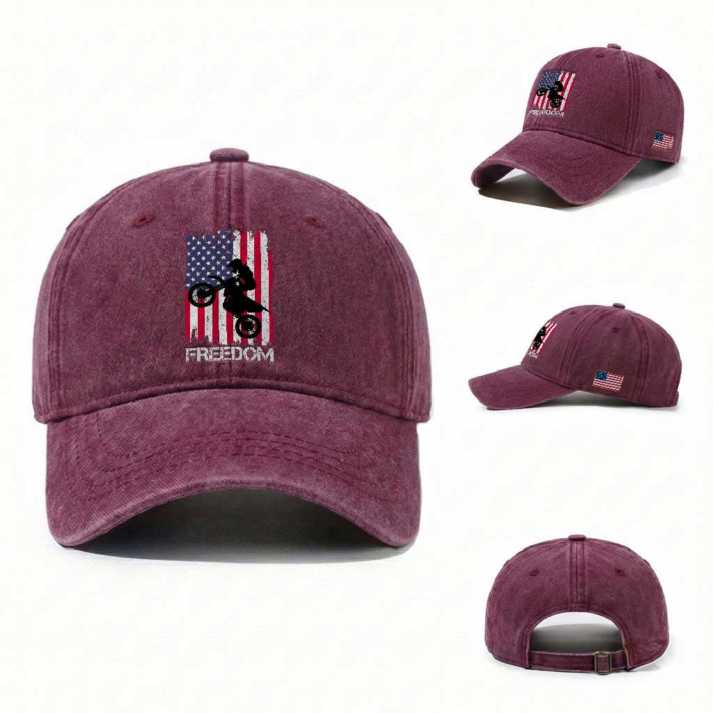 Freedom Motocross Dirt Bike Washed Cotton Baseball Cap Patriotic American Flag