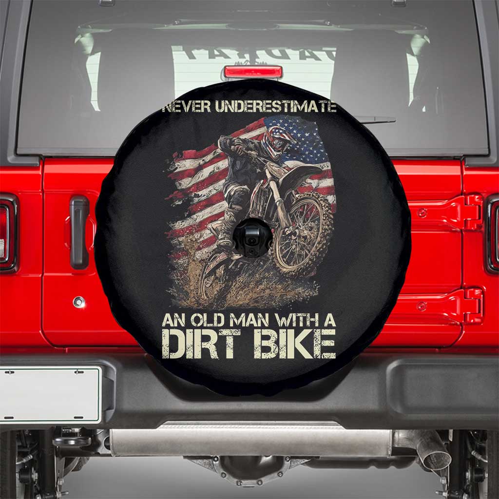 Dirt Bike American Flag Spare Tire Cover Never Underestimate An Old Man With A Dirt Bike Motocross - Wonder Print Shop