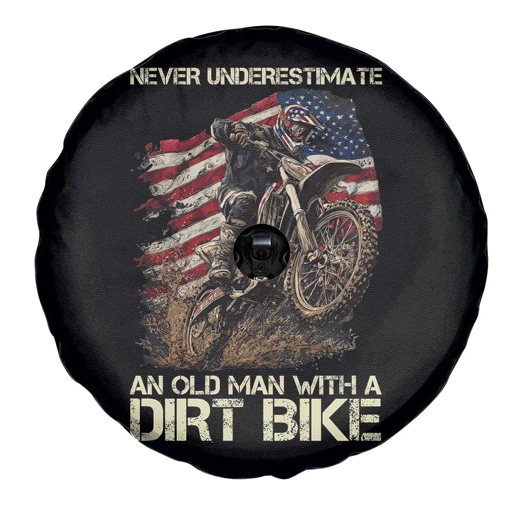 Dirt Bike American Flag Spare Tire Cover Never Underestimate An Old Man With A Dirt Bike Motocross - Wonder Print Shop