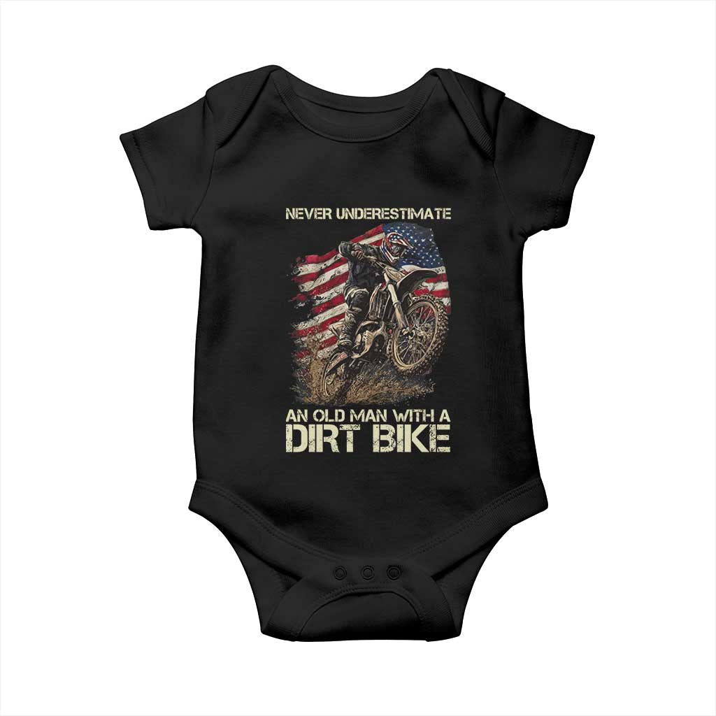 Dirt Bike American Flag Baby Onesie Never Underestimate An Old Man With A Dirt Bike Motocross - Wonder Print Shop