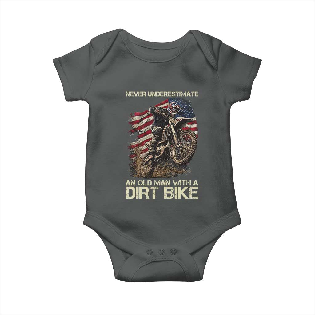 Dirt Bike American Flag Baby Onesie Never Underestimate An Old Man With A Dirt Bike Motocross - Wonder Print Shop