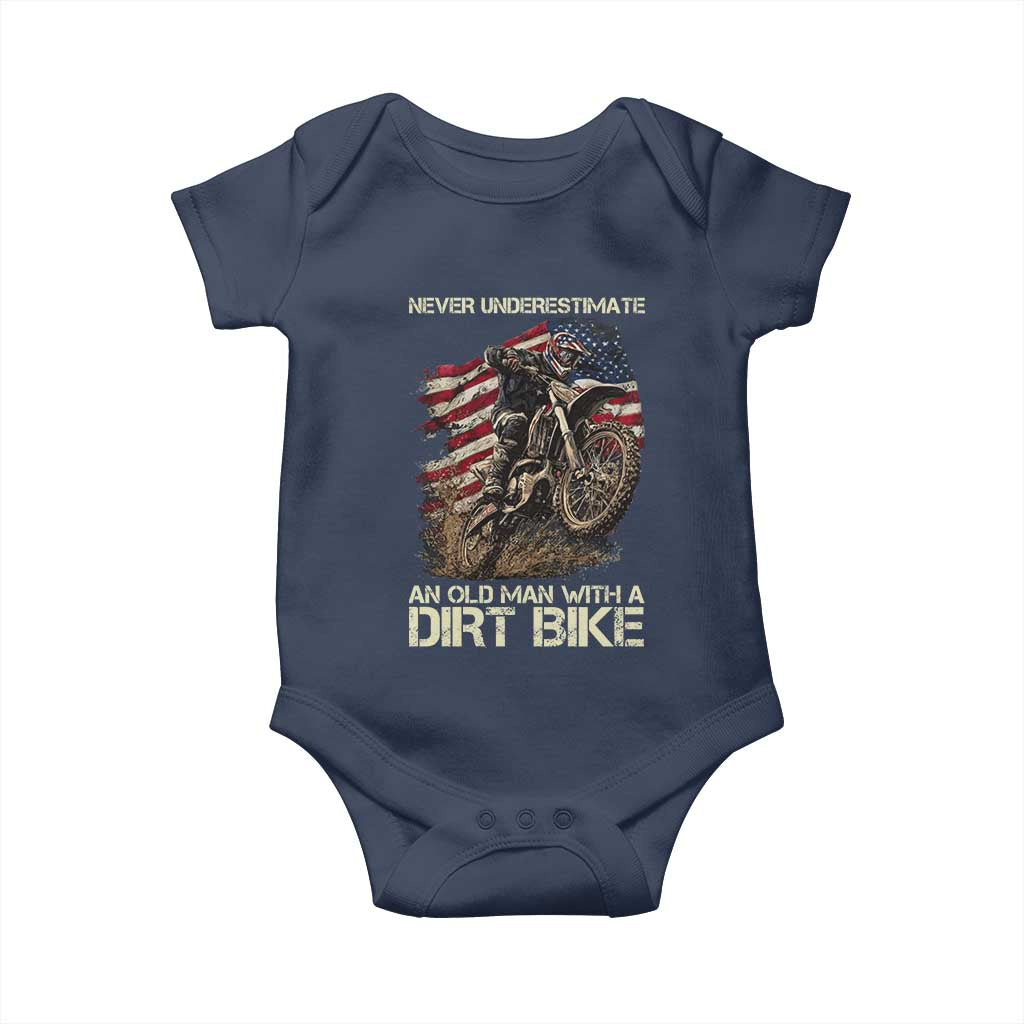 Dirt Bike American Flag Baby Onesie Never Underestimate An Old Man With A Dirt Bike Motocross - Wonder Print Shop