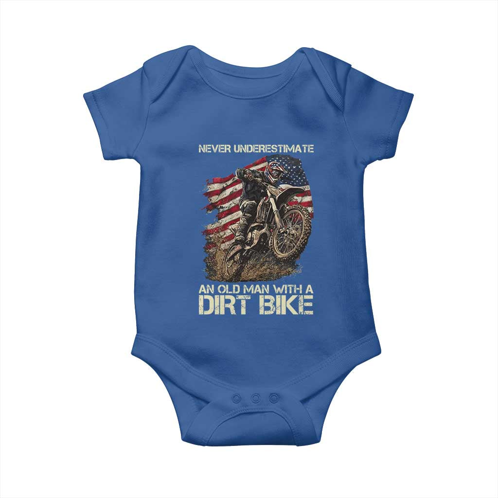 Dirt Bike American Flag Baby Onesie Never Underestimate An Old Man With A Dirt Bike Motocross - Wonder Print Shop