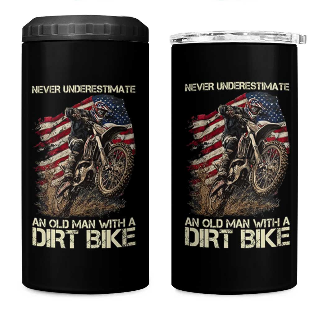 Dirt Bike American Flag 4 in 1 Can Cooler Tumbler Never Underestimate An Old Man With A Dirt Bike Motocross - Wonder Print Shop