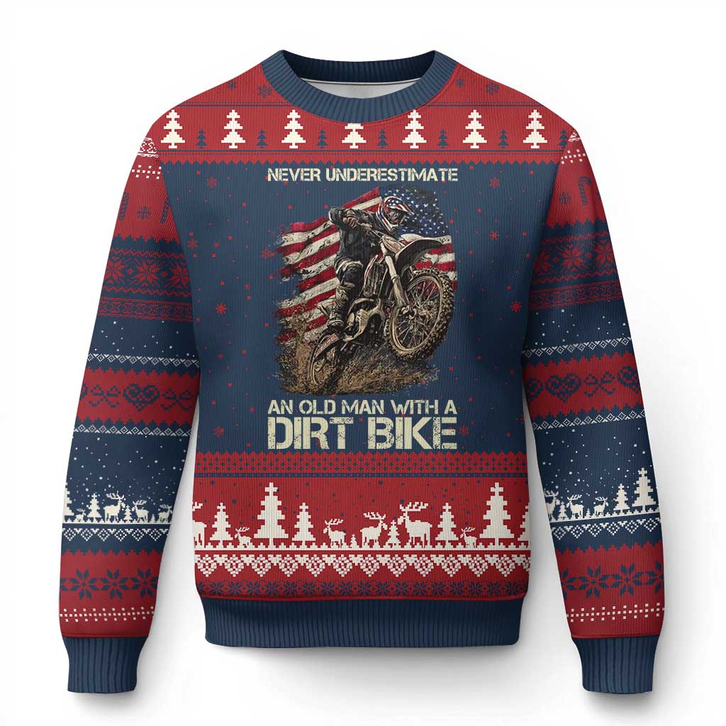Dirt Bike American Flag Ugly Christmas Sweater Never Underestimate An Old Man With A Dirt Bike Motocross - Wonder Print Shop