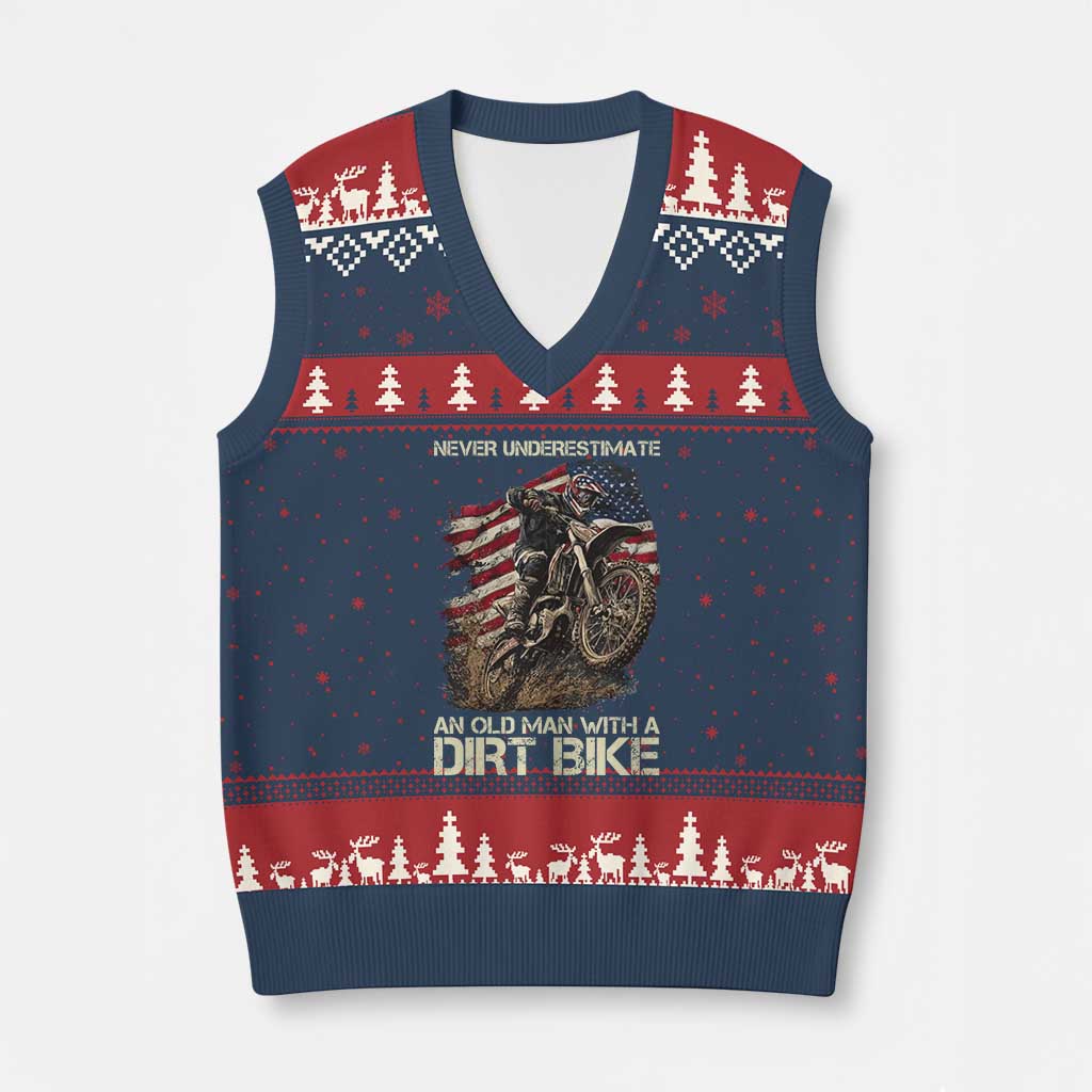 Dirt Bike American Flag V-Neck Knit Sweater Vest Never Underestimate An Old Man With A Dirt Bike Motocross - Wonder Print Shop