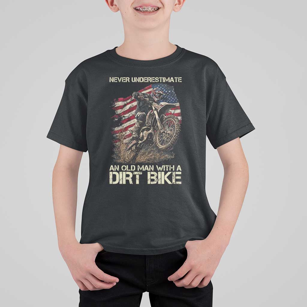 Dirt Bike American Flag T Shirt For Kid Never Underestimate An Old Man With A Dirt Bike Motocross - Wonder Print Shop