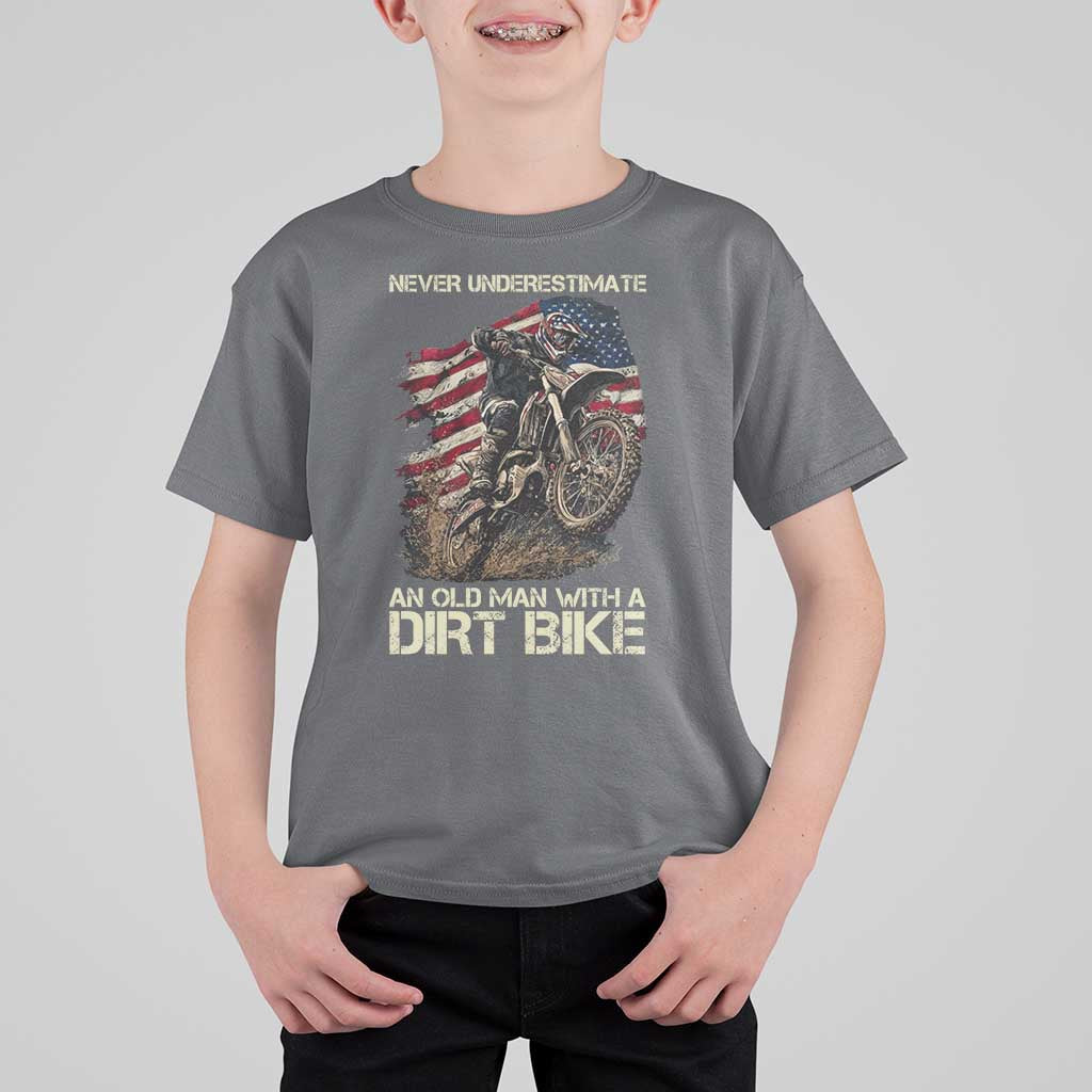 Dirt Bike American Flag T Shirt For Kid Never Underestimate An Old Man With A Dirt Bike Motocross - Wonder Print Shop