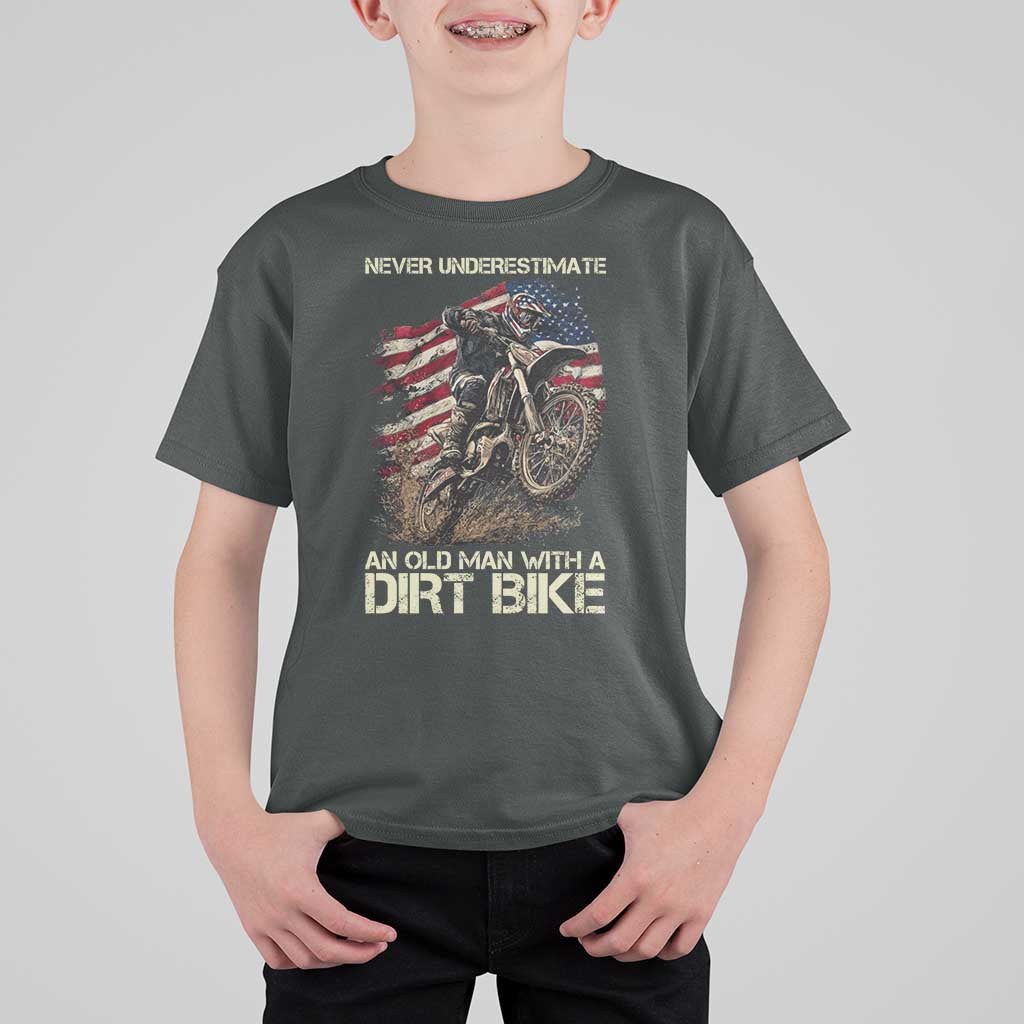 Dirt Bike American Flag T Shirt For Kid Never Underestimate An Old Man With A Dirt Bike Motocross - Wonder Print Shop