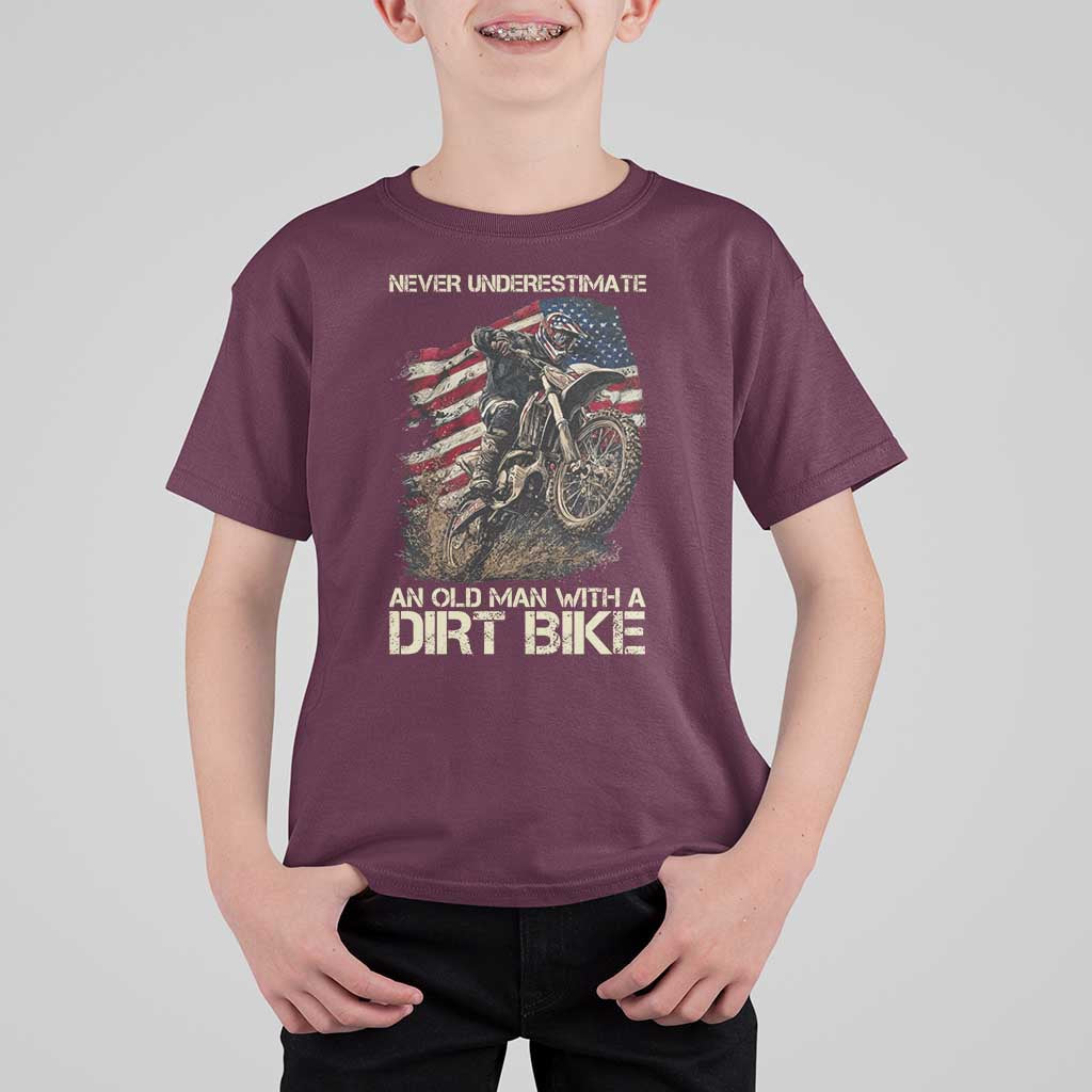 Dirt Bike American Flag T Shirt For Kid Never Underestimate An Old Man With A Dirt Bike Motocross - Wonder Print Shop