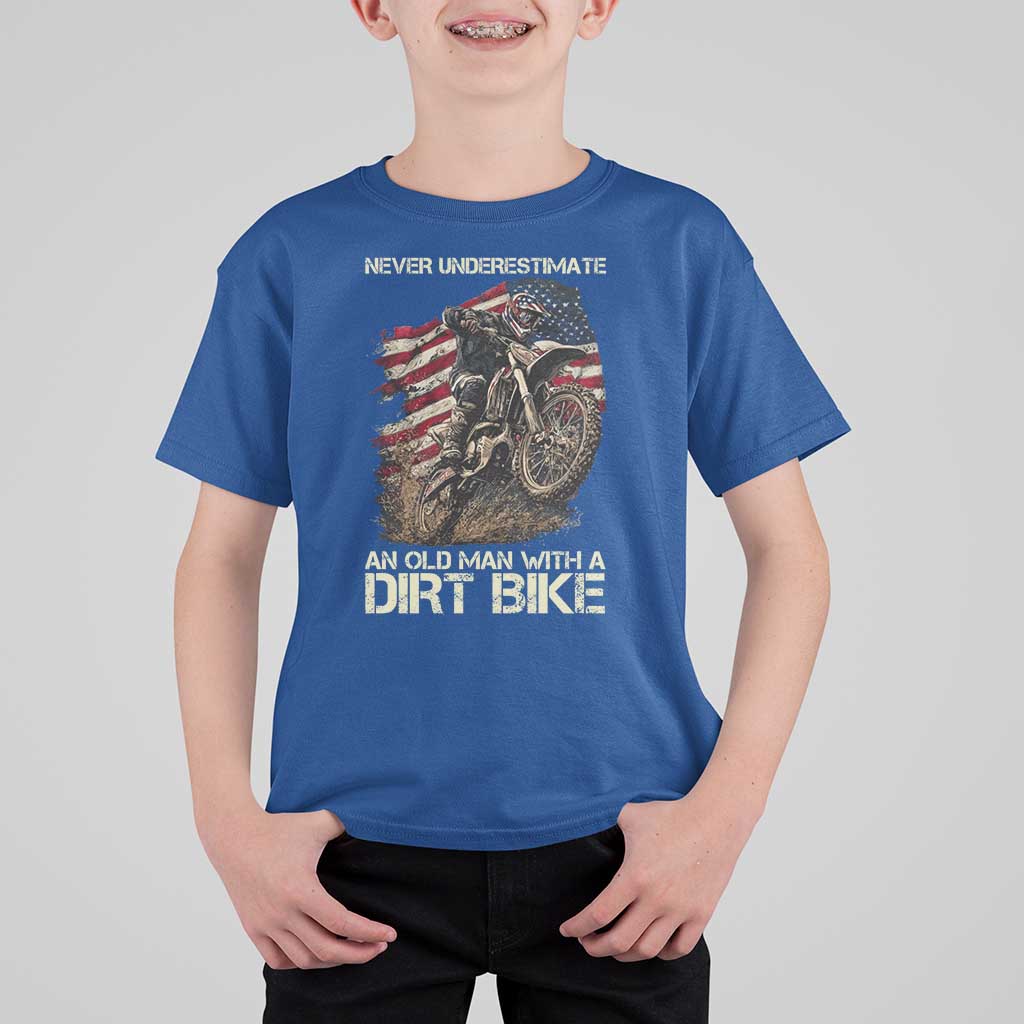 Dirt Bike American Flag T Shirt For Kid Never Underestimate An Old Man With A Dirt Bike Motocross - Wonder Print Shop