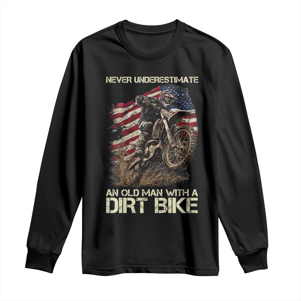 Dirt Bike American Flag Long Sleeve Shirt Never Underestimate An Old Man With A Dirt Bike Motocross - Wonder Print Shop