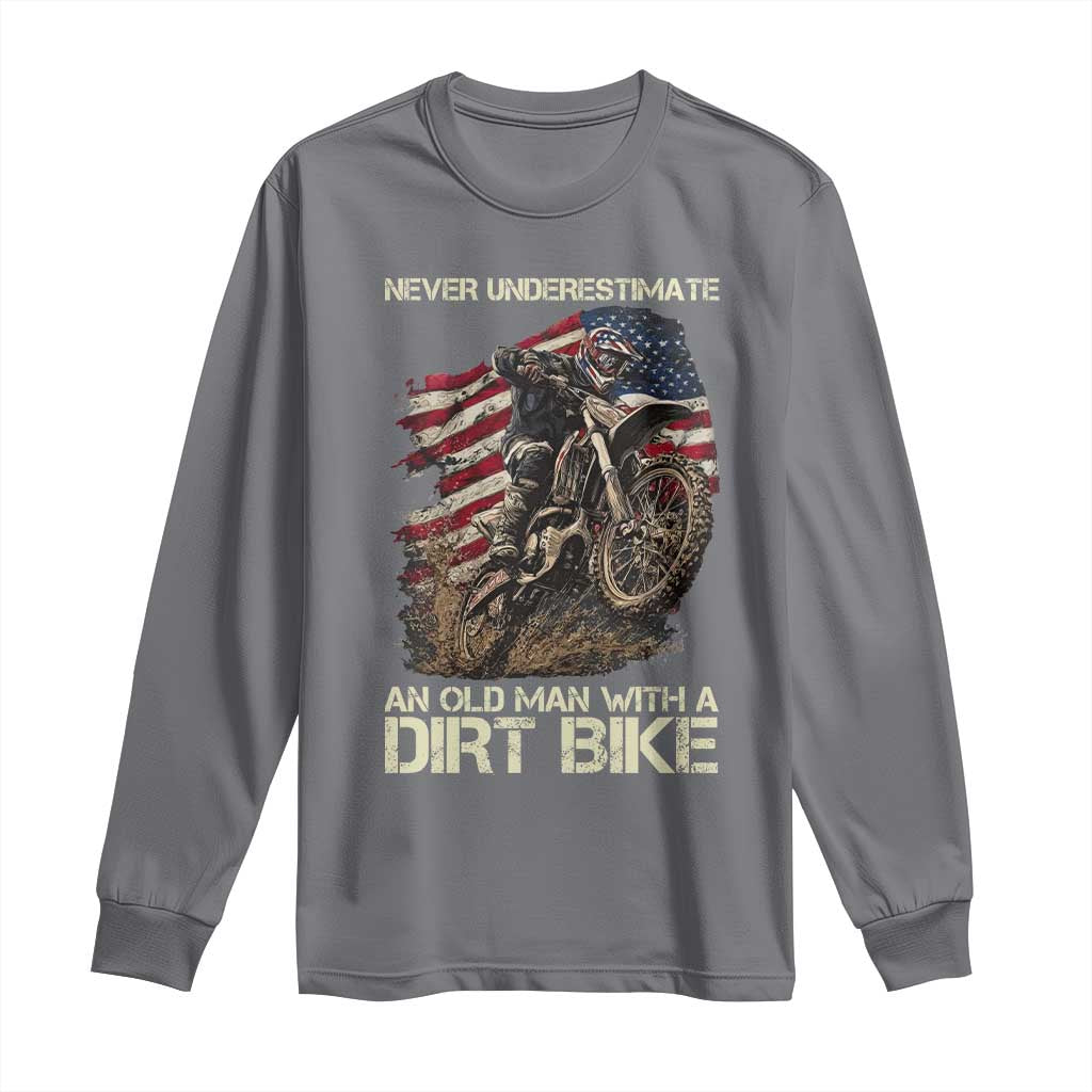 Dirt Bike American Flag Long Sleeve Shirt Never Underestimate An Old Man With A Dirt Bike Motocross - Wonder Print Shop