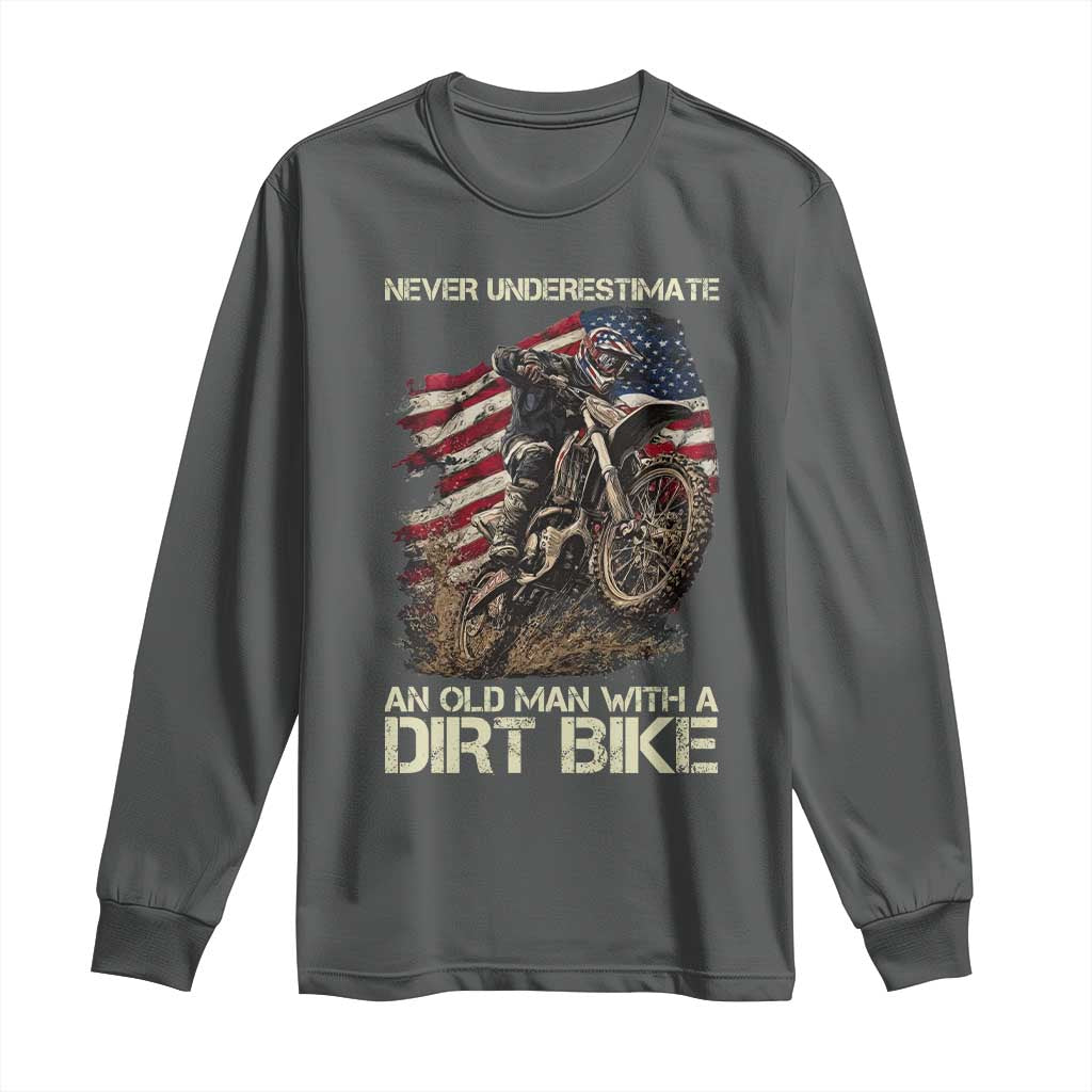 Dirt Bike American Flag Long Sleeve Shirt Never Underestimate An Old Man With A Dirt Bike Motocross - Wonder Print Shop