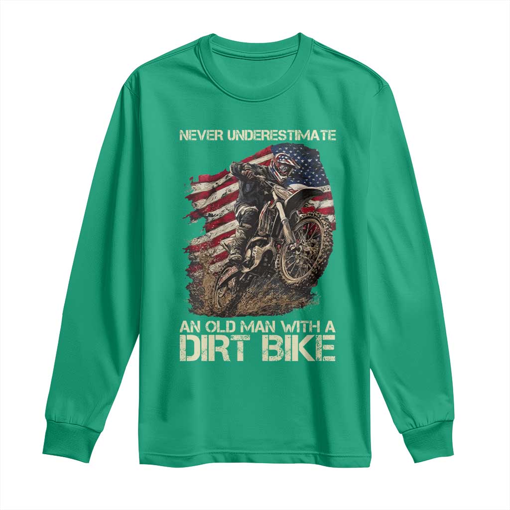 Dirt Bike American Flag Long Sleeve Shirt Never Underestimate An Old Man With A Dirt Bike Motocross - Wonder Print Shop
