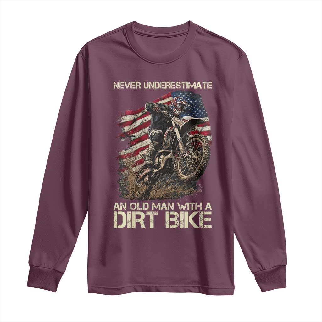 Dirt Bike American Flag Long Sleeve Shirt Never Underestimate An Old Man With A Dirt Bike Motocross - Wonder Print Shop