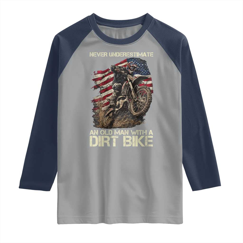 Dirt Bike American Flag Raglan Shirt Never Underestimate An Old Man With A Dirt Bike Motocross - Wonder Print Shop