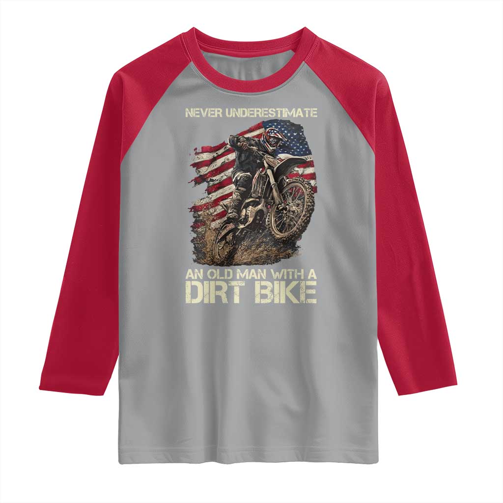 Dirt Bike American Flag Raglan Shirt Never Underestimate An Old Man With A Dirt Bike Motocross - Wonder Print Shop
