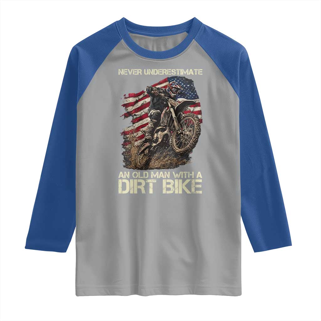 Dirt Bike American Flag Raglan Shirt Never Underestimate An Old Man With A Dirt Bike Motocross - Wonder Print Shop