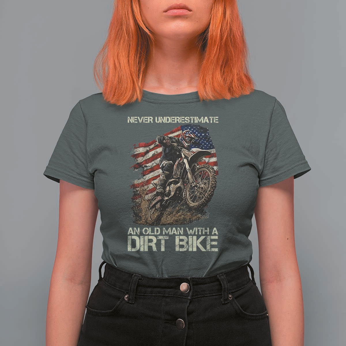 Dirt Bike American Flag T Shirt For Women Never Underestimate An Old Man With A Dirt Bike Motocross - Wonder Print Shop