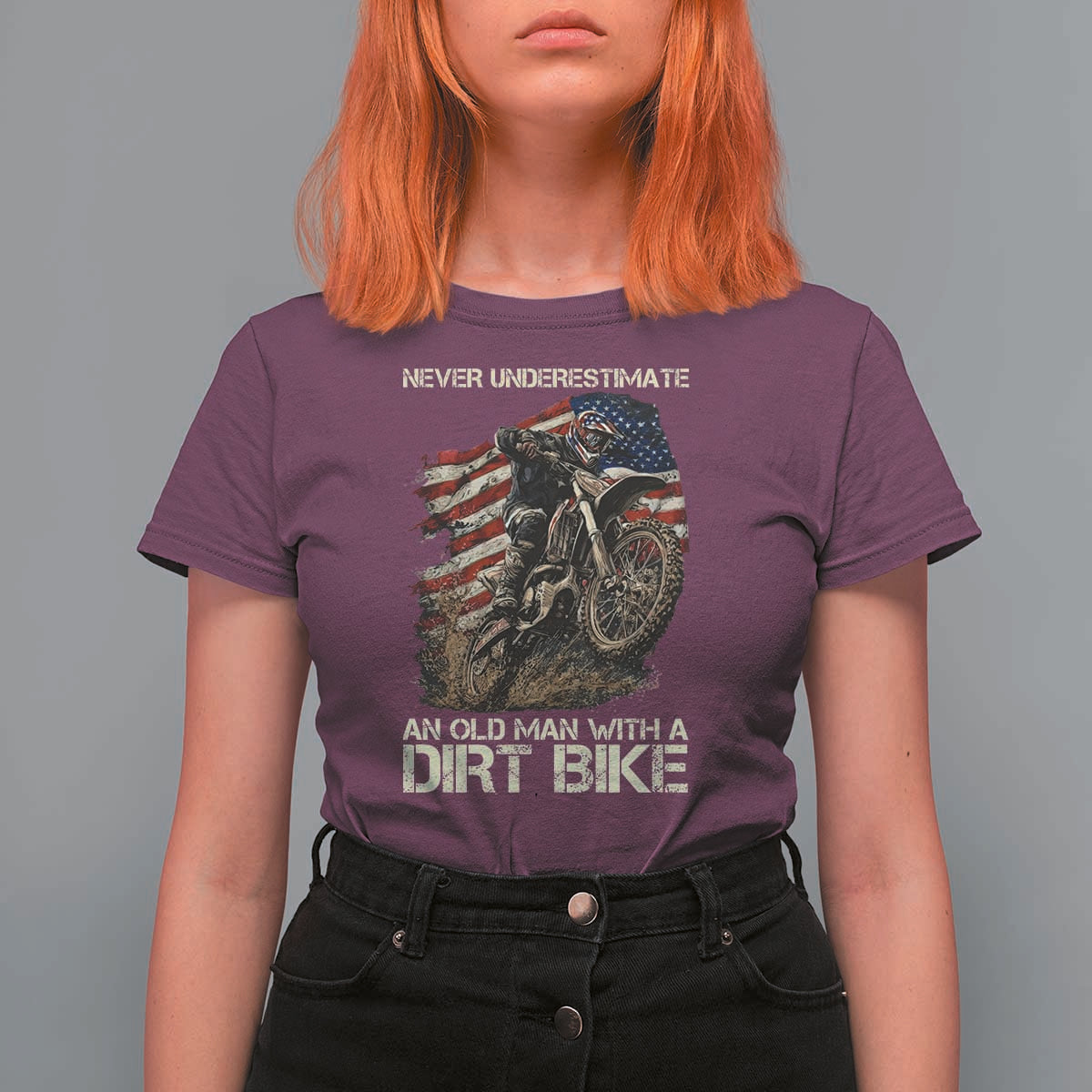 Dirt Bike American Flag T Shirt For Women Never Underestimate An Old Man With A Dirt Bike Motocross - Wonder Print Shop