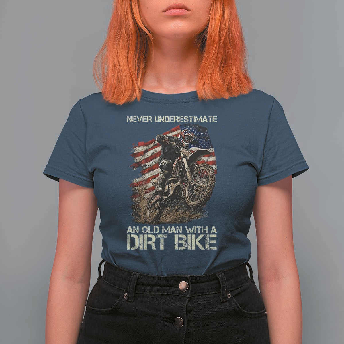 Dirt Bike American Flag T Shirt For Women Never Underestimate An Old Man With A Dirt Bike Motocross - Wonder Print Shop