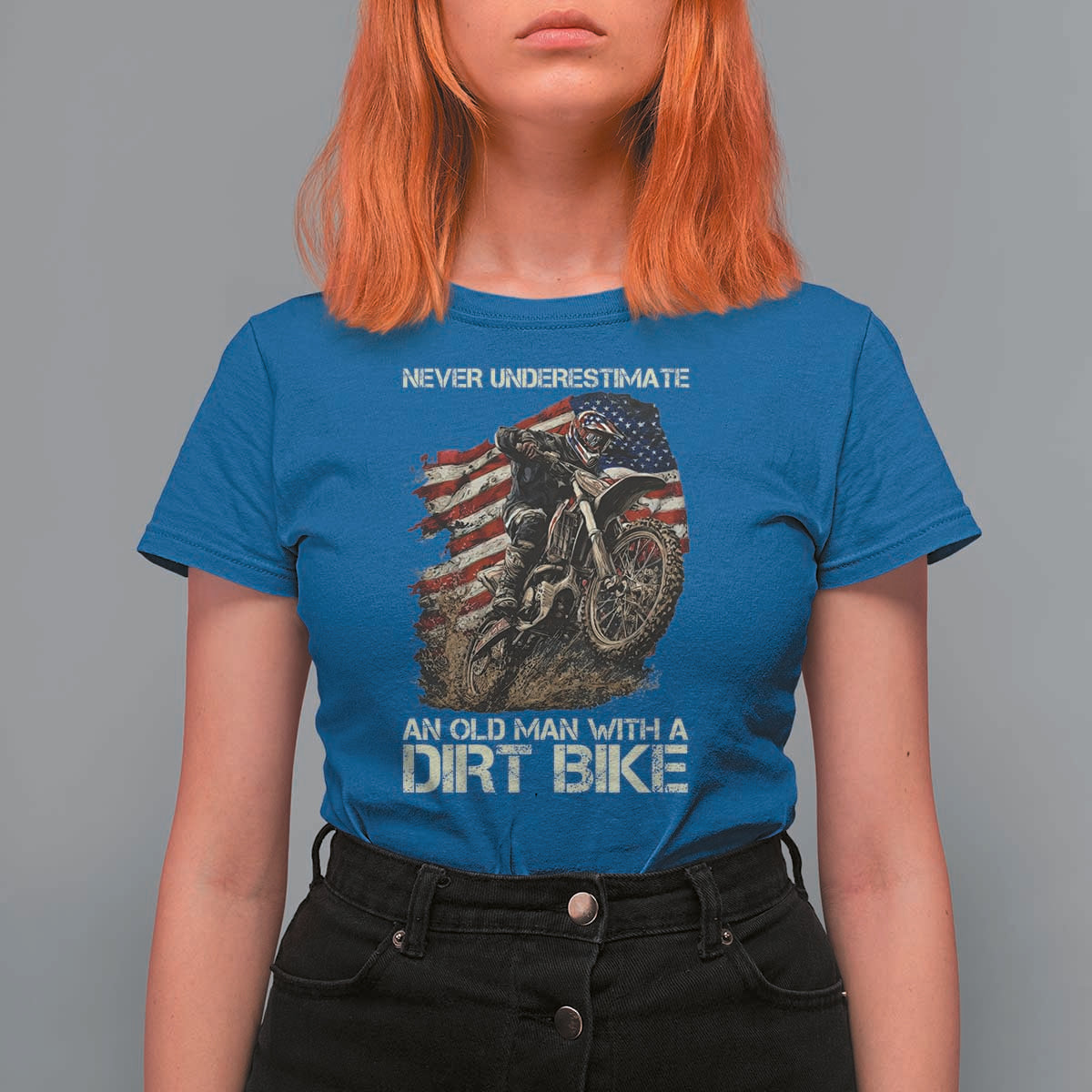 Dirt Bike American Flag T Shirt For Women Never Underestimate An Old Man With A Dirt Bike Motocross - Wonder Print Shop
