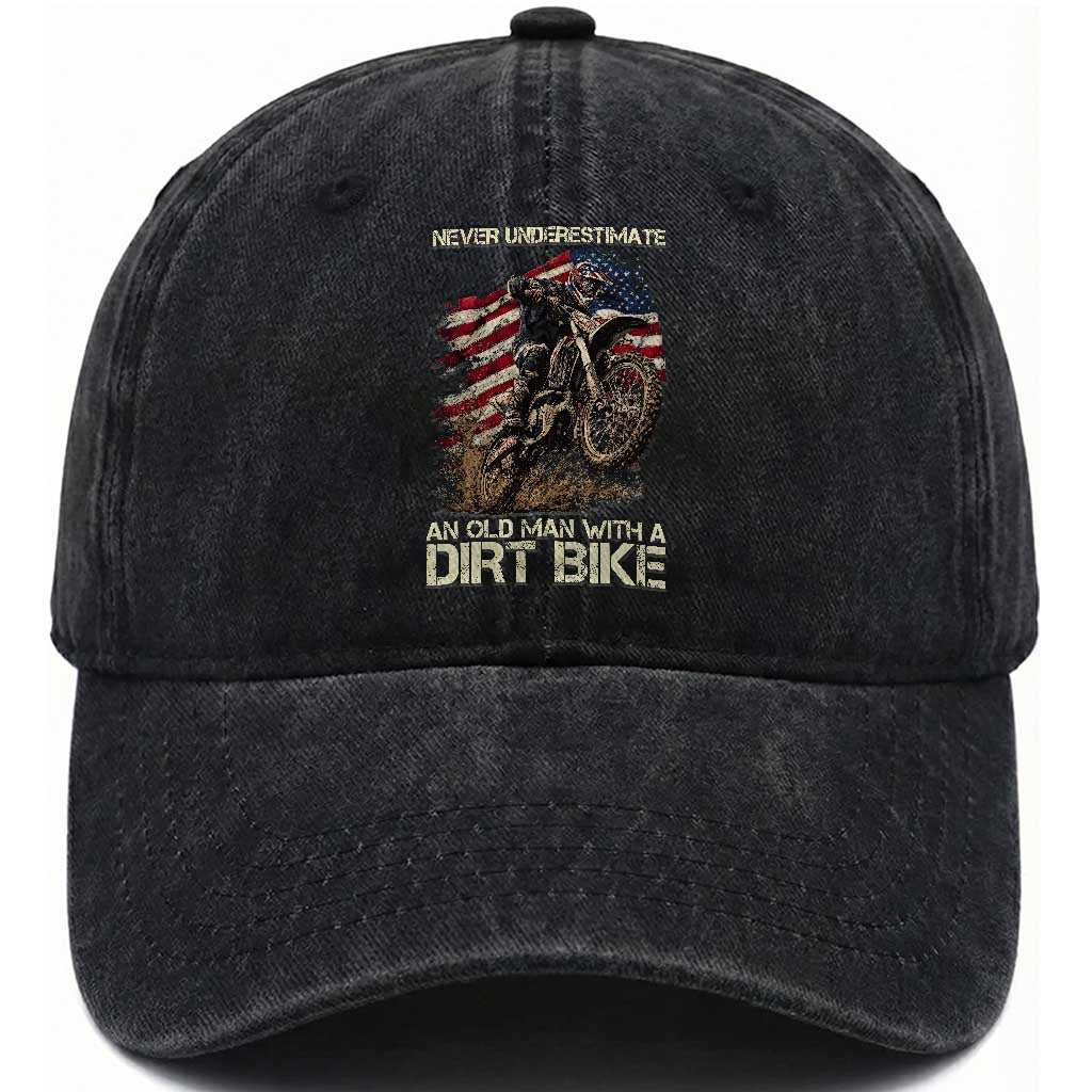 Dirt Bike American Flag Washed Cotton Baseball Cap Never Underestimate An Old Man With A Dirt Bike Motocross