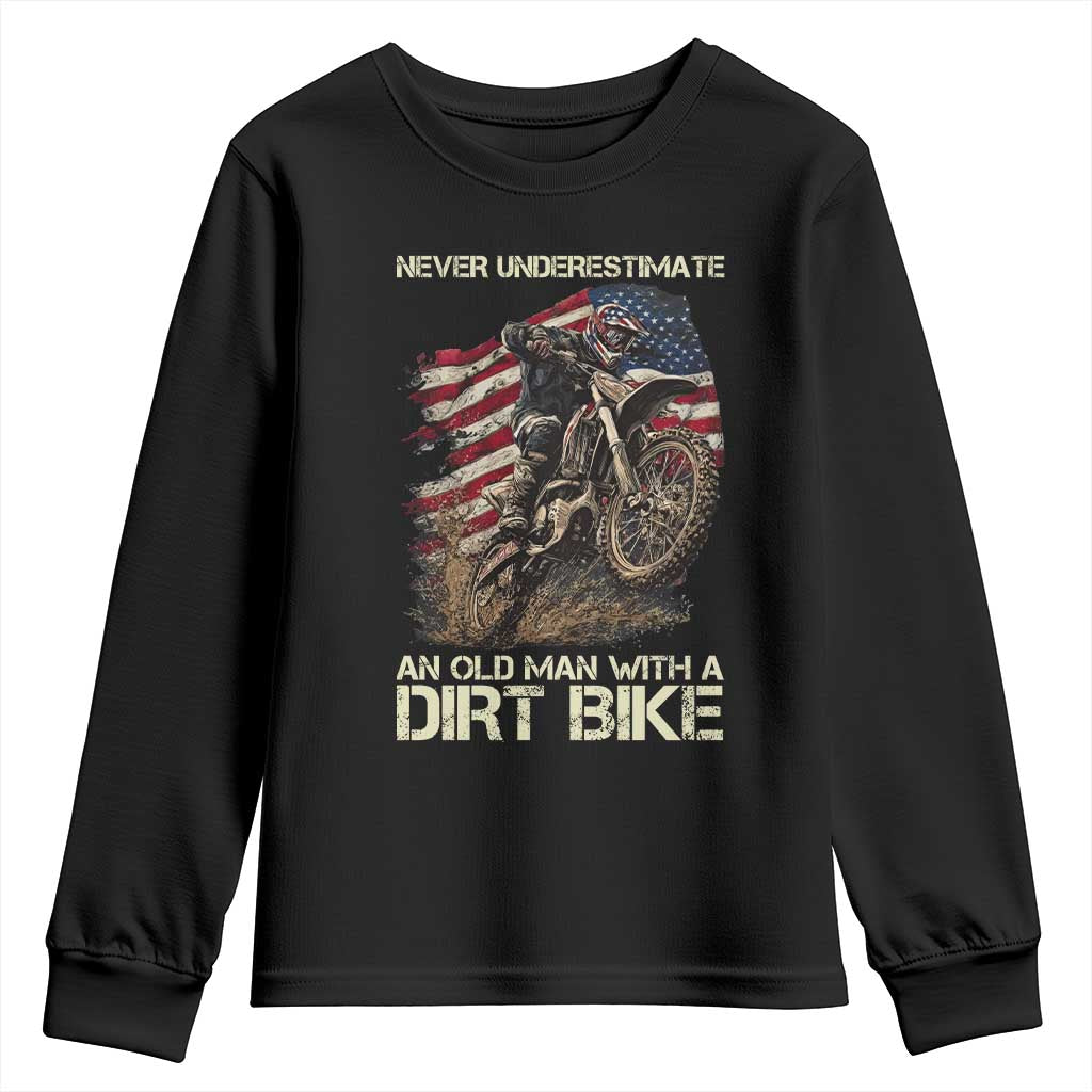 Dirt Bike American Flag Youth Sweatshirt Never Underestimate An Old Man With A Dirt Bike Motocross - Wonder Print Shop
