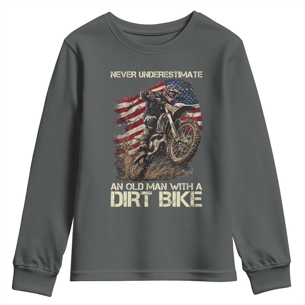 Dirt Bike American Flag Youth Sweatshirt Never Underestimate An Old Man With A Dirt Bike Motocross - Wonder Print Shop