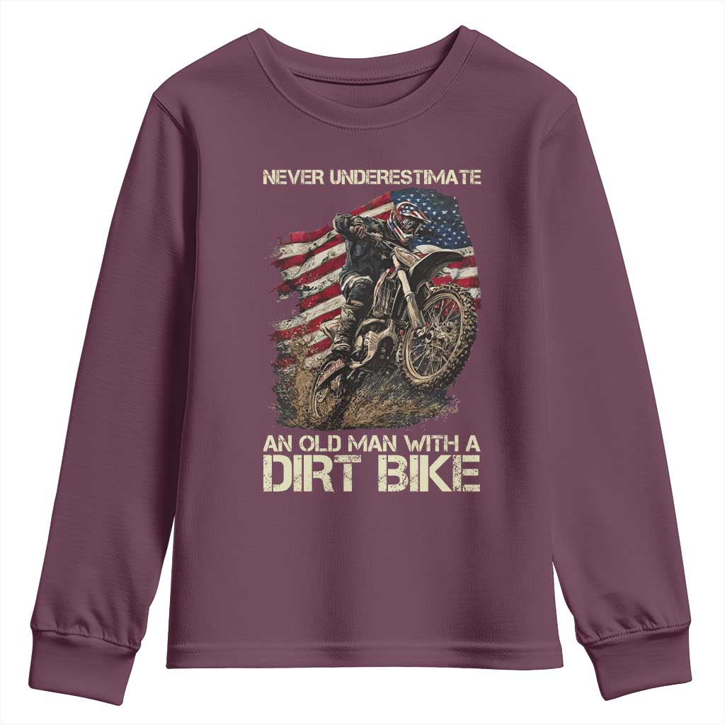 Dirt Bike American Flag Youth Sweatshirt Never Underestimate An Old Man With A Dirt Bike Motocross - Wonder Print Shop