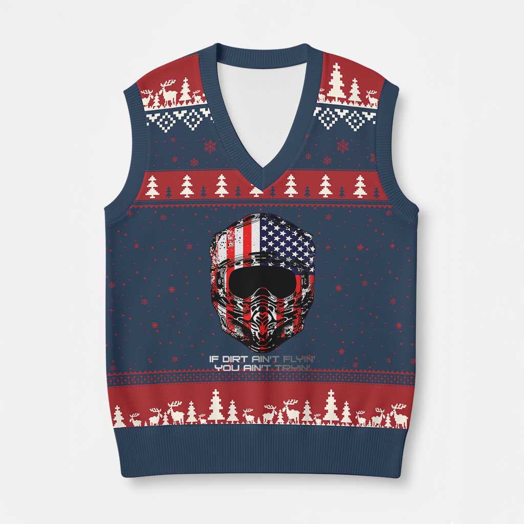 Dirt Bike American Flag Patriotic V-Neck Knit Sweater Vest If Dirt Ain't Flyin You Ain't Tryin - Wonder Print Shop
