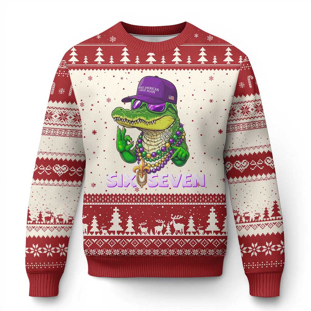 Mardi Gras Alligator Ugly Christmas Sweater Funny Six Seven MAGA Political Meme
