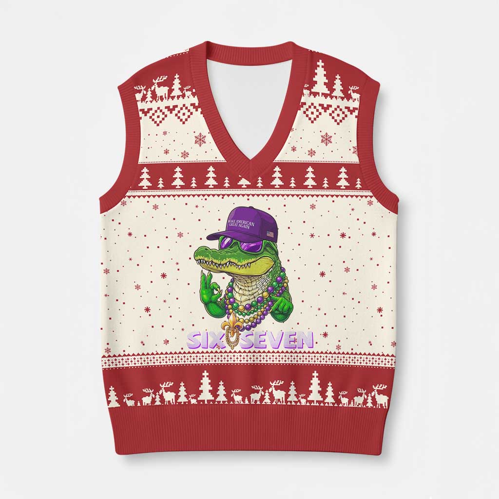 Mardi Gras Alligator V-Neck Knit Sweater Vest Funny Six Seven MAGA Political Meme