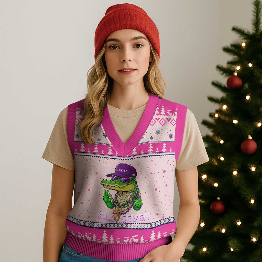 Mardi Gras Alligator V-Neck Knit Sweater Vest Funny Six Seven MAGA Political Meme