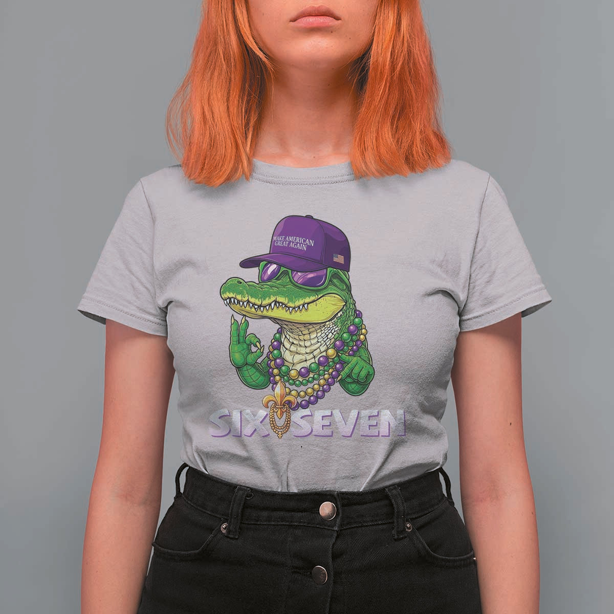 Mardi Gras Alligator T Shirt For Women Funny Six Seven MAGA Political Meme